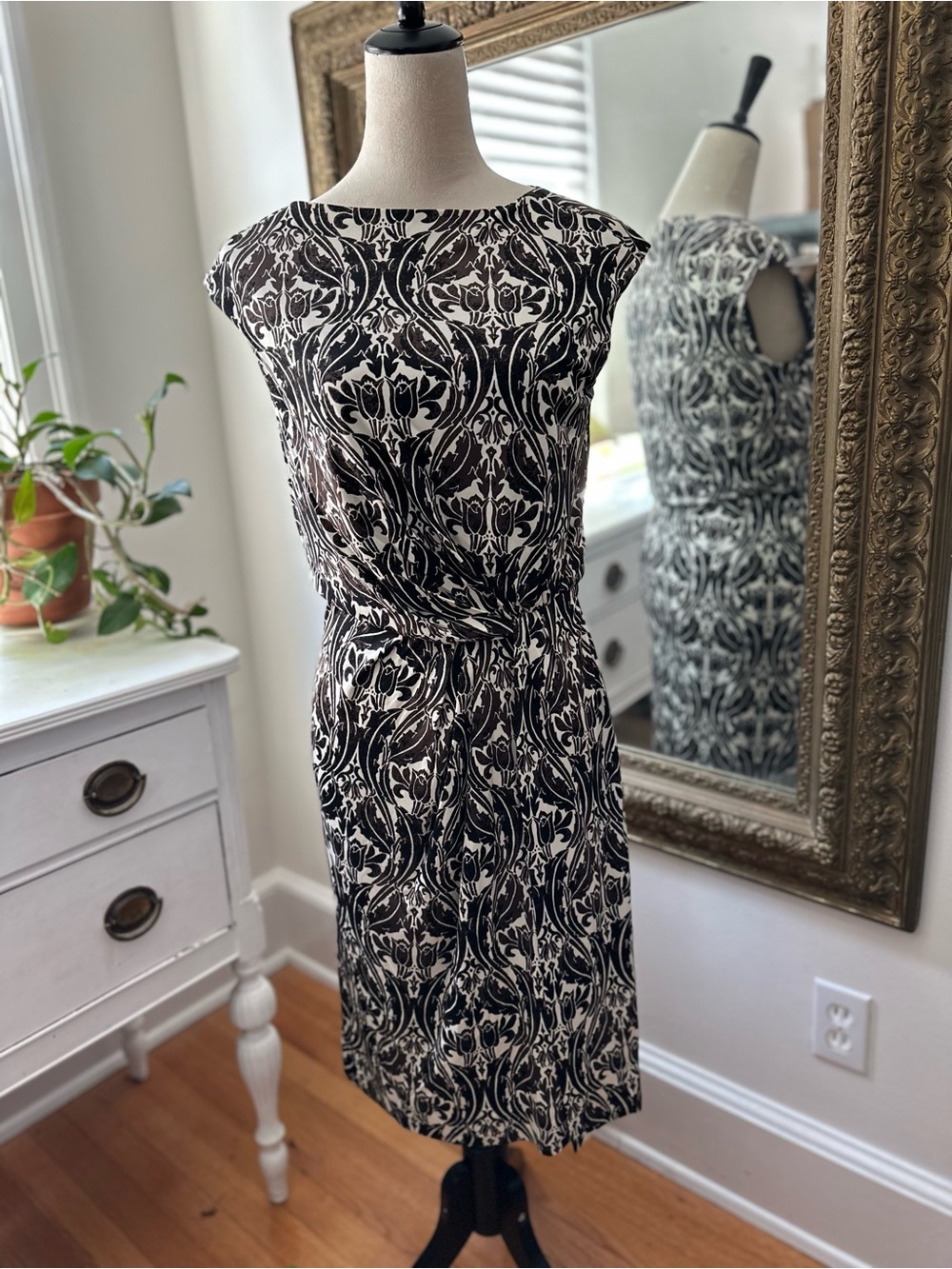 Tory Burch silk dress midi Y2K style ruched sleeveless quiet luxury faux wrap